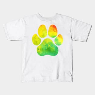 Yellow Green and Orange Watercolor Paw Print Kids T-Shirt